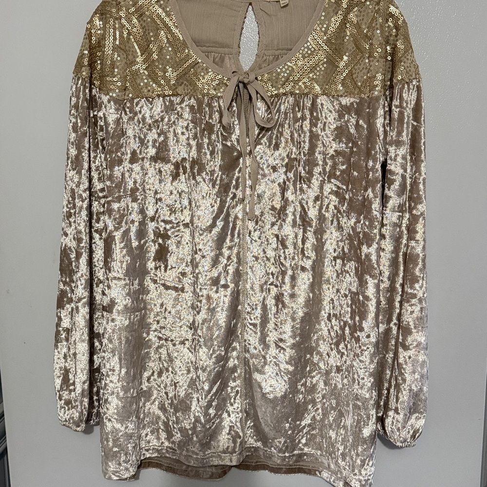 Mystree Champagne Crushed Velvet & Sequin Blouse Size M